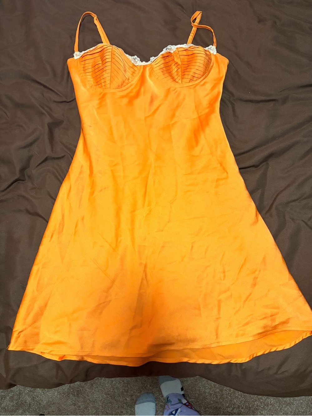 White Fox Boutique Orange Slip Dress with Lace Trim